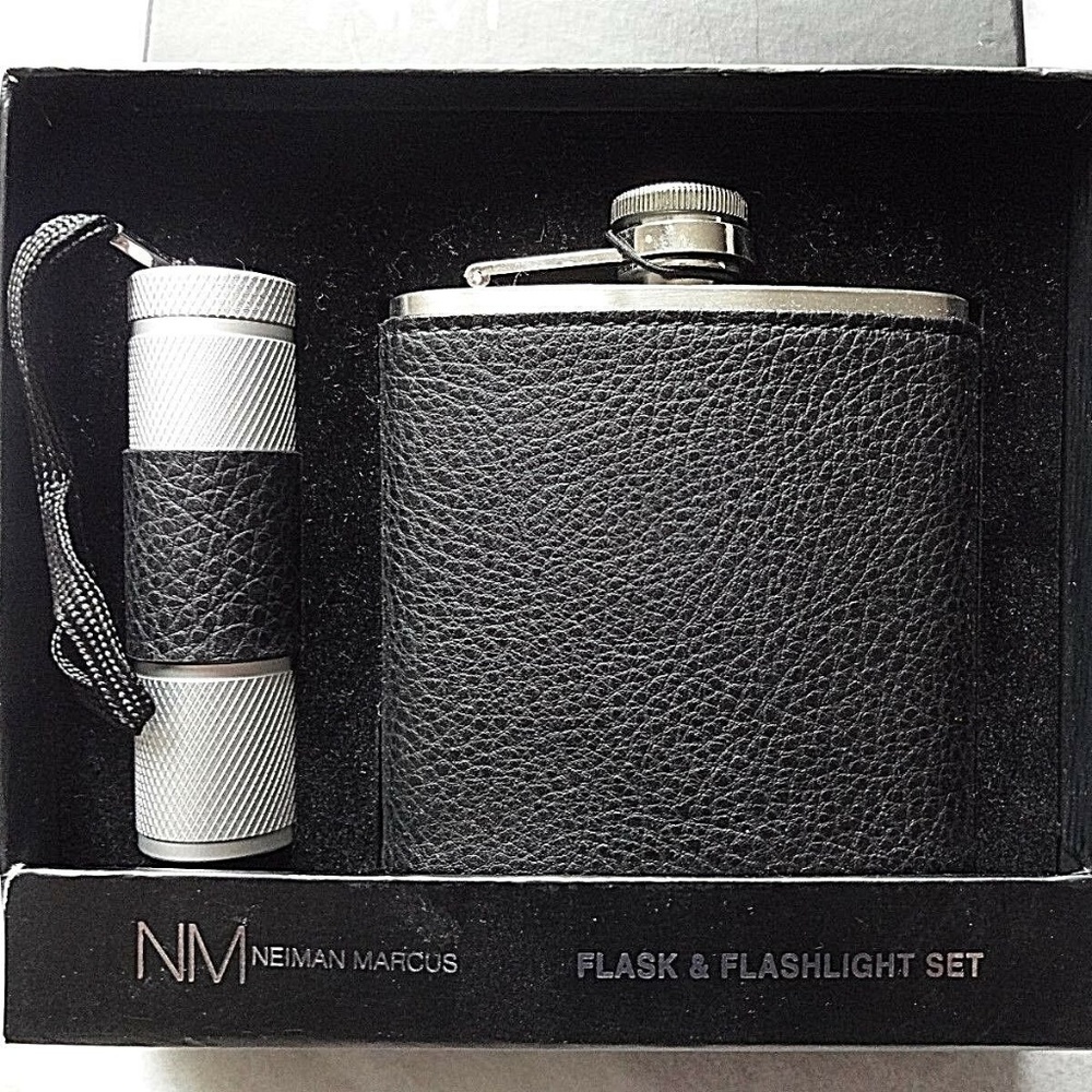 NEIMAN MARCUS BOXED FLASK & FLASHLIGHT SET